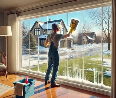 A man in overalls cleaning a window