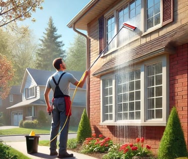 A man is using a water-fed pole system to clean the second story windows of a house