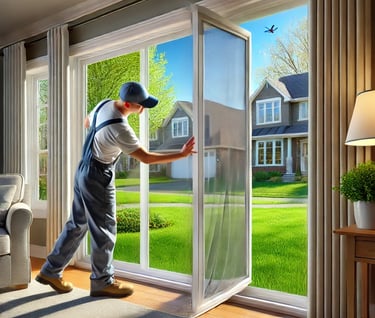 A window cleaner cleaning the window screens in a house