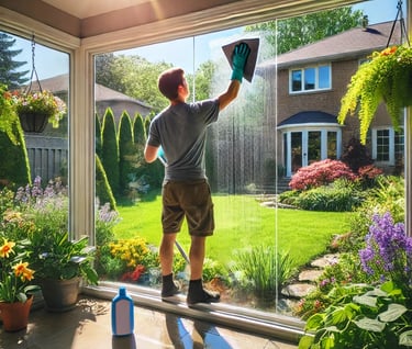 A man cleaning a patio window