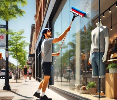 Aa man cleaning a store window with a squeegee
