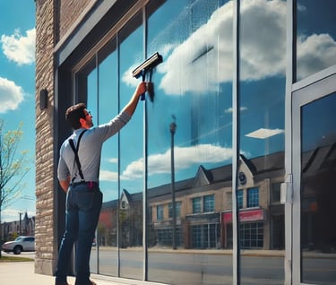 A man cleaning a storefront window