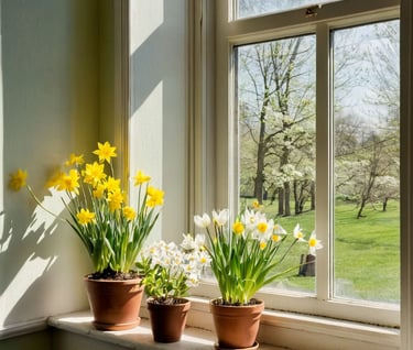 Vivid spring view through a clean window: greenery and tulips. Inspiring spring cleaning vibes!