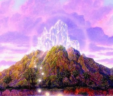 a painting of a mountain scene with a lake and a crystal mountain in the background
