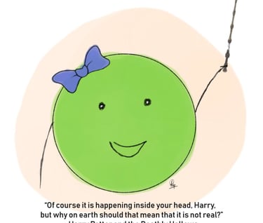 Drawing of wise pea with a Harry Potter quote