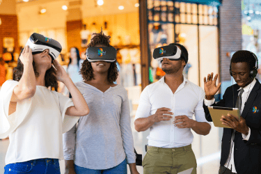 a group of people wearing virtual reality glasses
