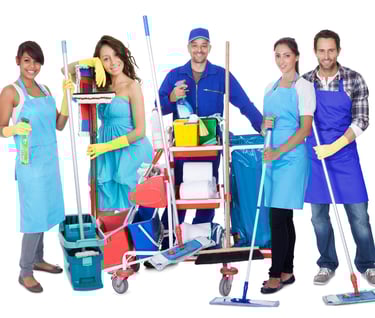 a group of people standing around a carton with cleaning supplies