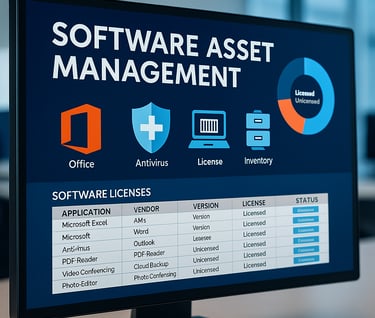 Yazılım envanter yönetimi ekranı açık olan bir monitörde Office, antivirüs ve lisans bilgilerinin li