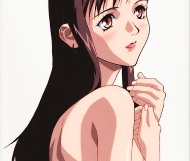 Animation cel of Sawa from Kite, an anime character with long brown hair and red eyes.