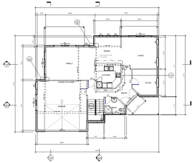 a architect drafting plans of a house with a floor plan and a kitchen, used for building consent 