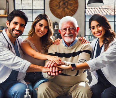 Paciente y familiar de paciente haciendo equipo con medicos