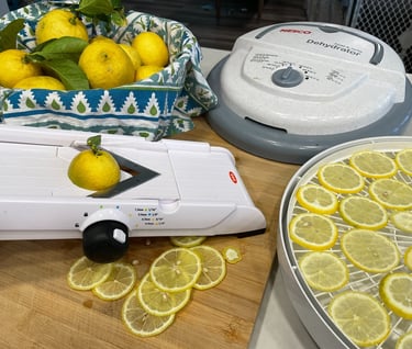 sliced lemons on cutting board and dehydrator with whole lemons in a bowl 