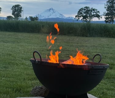a fire pit with a mountain in the background