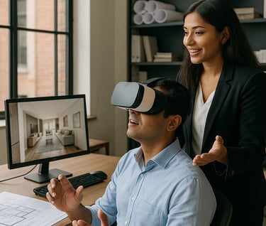 A man wearing a VR headset viewing a concept, woman architect is explaining the design