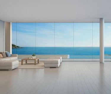 a living room with a couch and a large window