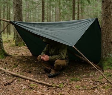 Tarp lean-to shelter setup in dense forest terrain