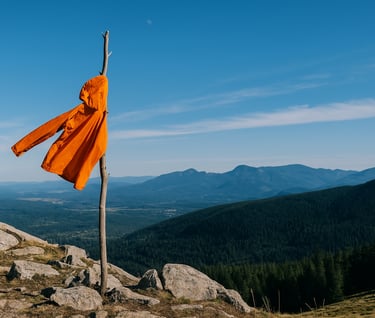Bright orange flag tied to stick on mountain ridge signaling distress and rescue location