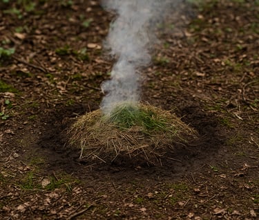 Grass smoke signal rising from forest floor as emergency wilderness distress call
