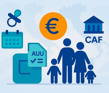 Illustrazione flat dell’Assegno Unico Universale con famiglia, simbolo euro e CAF