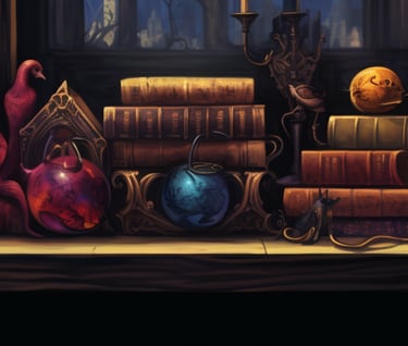 a bunch of books on a shelf in a room with nicknacks.