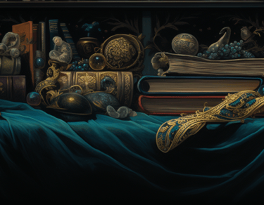 a table with a bunch of books and a clock