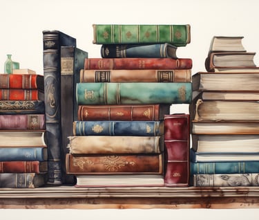 a painting of a stack of books on a table