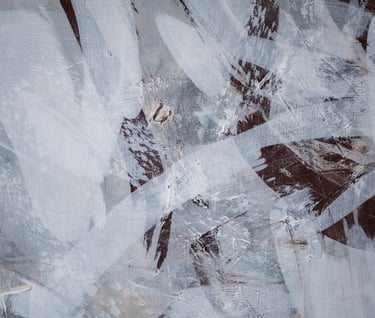 Abstract painting featuring expressive white and grey brushstrokes over a dark brown textured canvas background.