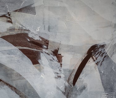 Abstract painting featuring expressive grey, white, and dark brown brushstrokes on a textured canvas background.