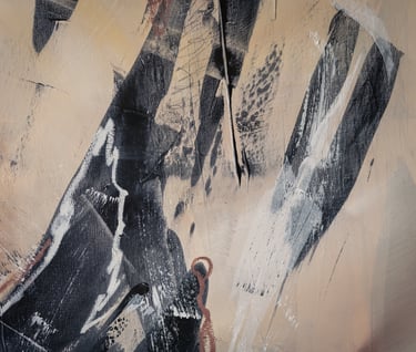 Abstract painting featuring bold black, white, and beige brushstrokes with expressive texture and neutral tones.