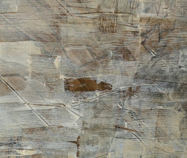 Abstract textured painting with neutral beige, brown, and grey brushstrokes on canvas background.