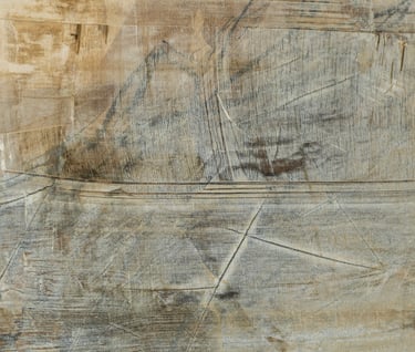Abstract painting featuring weathered textures, grey and beige brushstrokes, and scratched canvas art details.