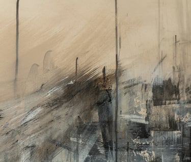 Abstract painting on canvas featuring expressive brushstrokes in beige, grey, and black tones.