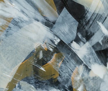 Modern abstract canvas painting with expressive black, white, and gold acrylic brushstrokes.