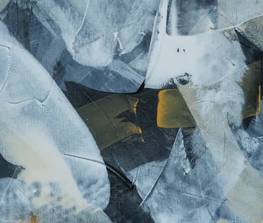 Abstract acrylic painting with textured blue, white, and black brushstrokes featuring gold accents on canvas.