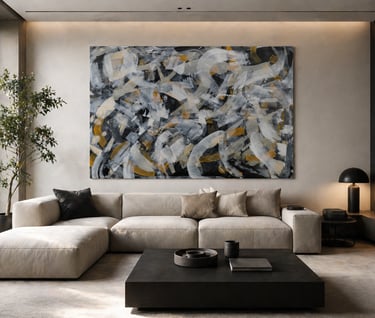 Modern living room featuring a large abstract wall art piece above a beige sectional sofa with a black coffee table.