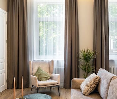 Svetainė, dieninės užuolaidos, pagalvėlės