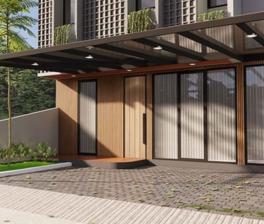 Hunian tropis modern dengan fasad roster ikonik dan jendela tinggi