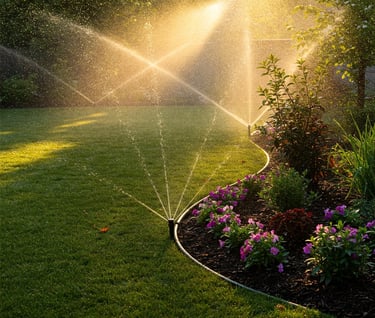 image of a perfectly manicured, vibrant green lawn and healthy, colorful garden beds being watered