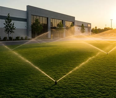 a sprinklers irrigating grass on commercial property