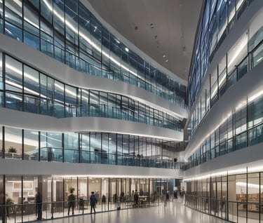 glass panel high-rise building under blue sky with sun raise