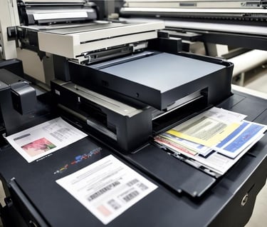 A modern printing machine with printed materials.