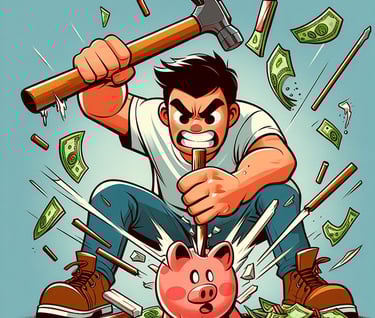 a man with a hammer breaking the  piggy bank