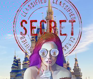 a woman with purple hair and glasses on her finger over her lips