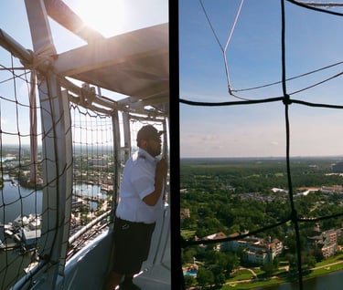 two views of Disney Springs in Orlando, Florida from a hot-air balloon