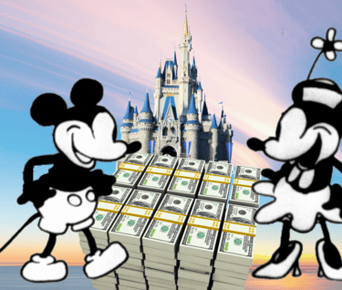 a mickey mouse and minnie mouse looking at a stack of money
