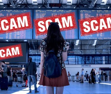 a woman standing in front of a large screen with scam, scam