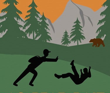 a poster of a man pushing another man, to get away from a bear bear