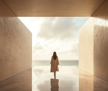 a woman in a long coat standing in a room