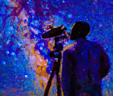 a man standing in front of a camera with a telescope