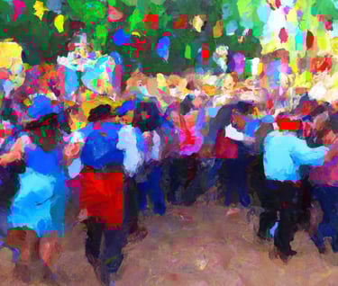 a painting of a group of people dancing in a park